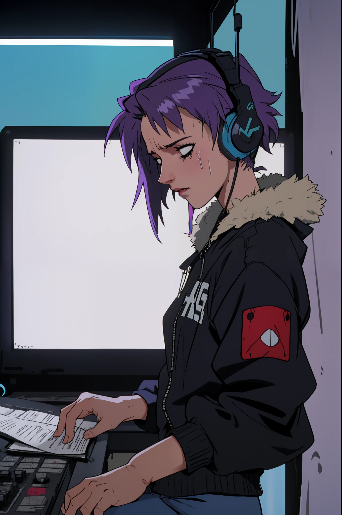 raw emotional bggage emotional pain gritty powerfull cinematic melancholy sad depressing cold neon lights sad female crying with headphones in chunky loose edgy casual clothing bomber jacket inside the booth rap on studio mic evangelion anime style
