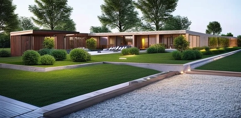 best quality)) ((super realistic)) garden photo, stones on grass, grass path, The wedding restaurant has a large yard with sparkling lights