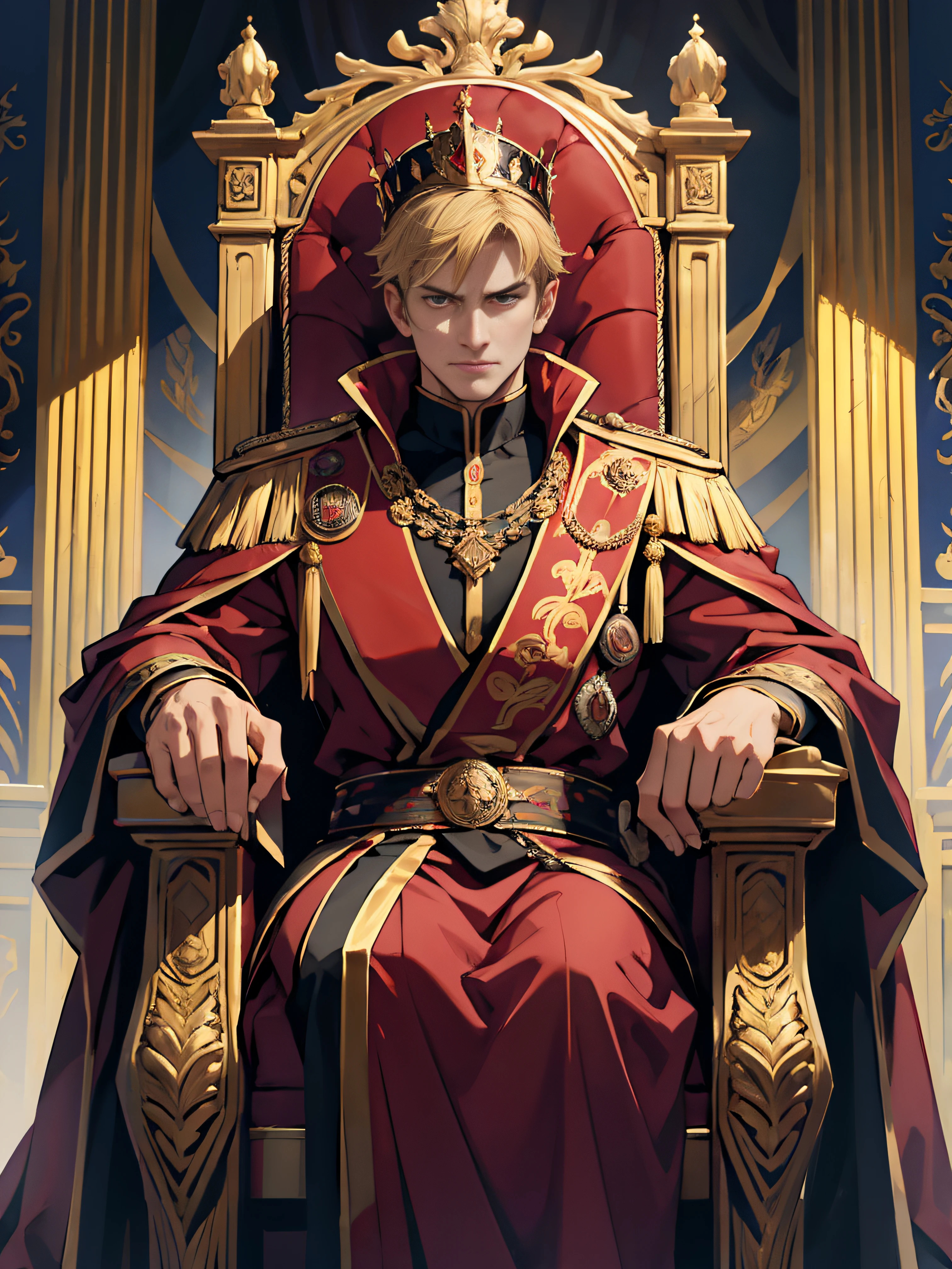 Constantine the Great,Best Quality,Ultra-detailed,Photorealistic,Portrait,Painting,Roman Emperor,smart and powerful,Strong Jawline,Sharp eyes,Confident expression,hali々dressed in formal clothes,Sitting on a throne,surrounded by symbols of power and authority,Golden crown,red velvet robe,History reference,Marble pillars,Intense lighting,Cool tones,Magnificence and majesty.