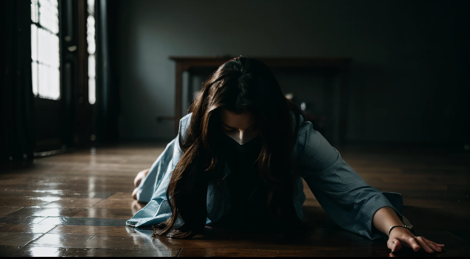 “The ghostly woman sliding across the floor” “The woman using her hair to cover most of her face” dark