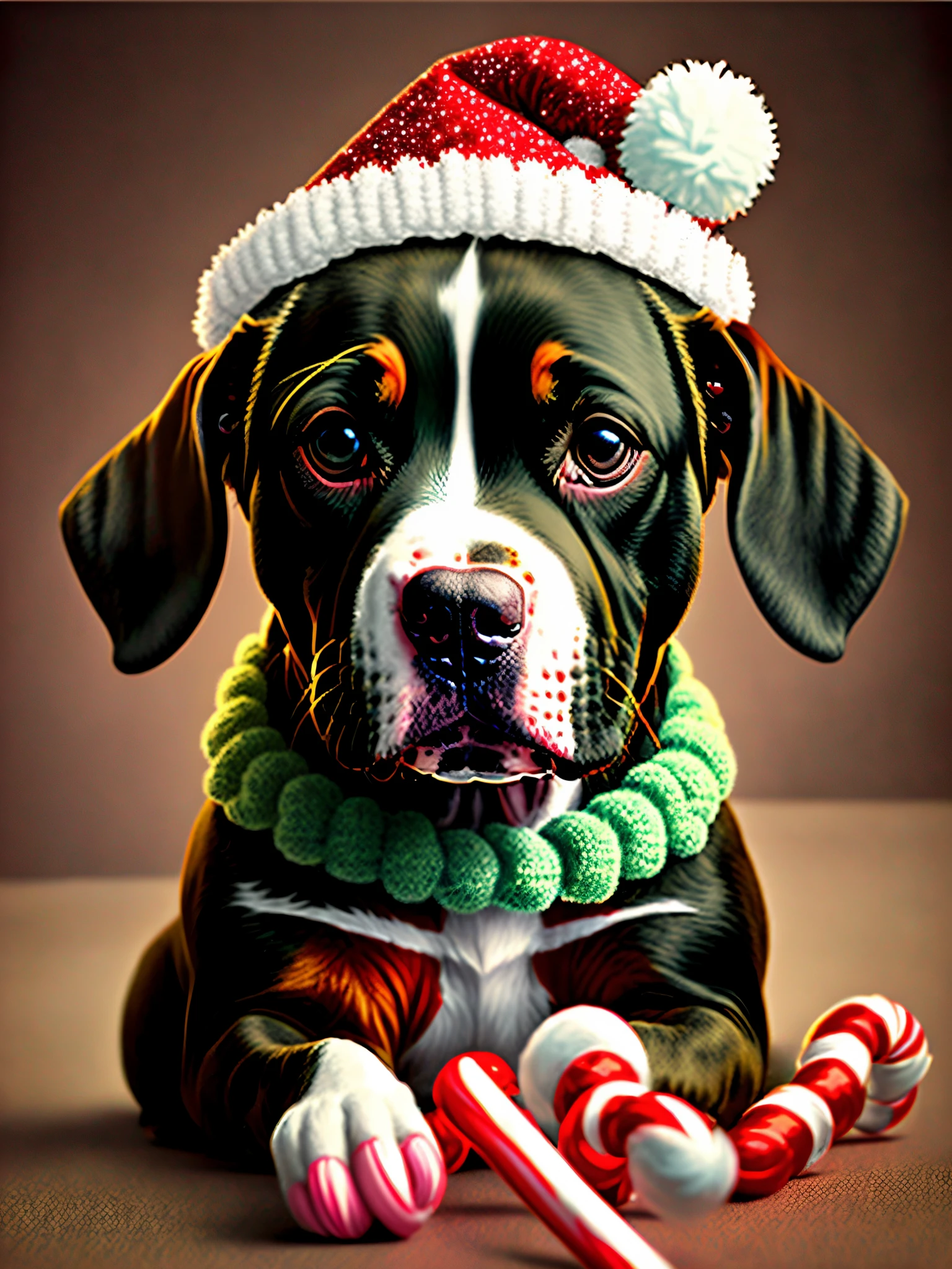 Cute pitbull with Christmas hat and candy canes
