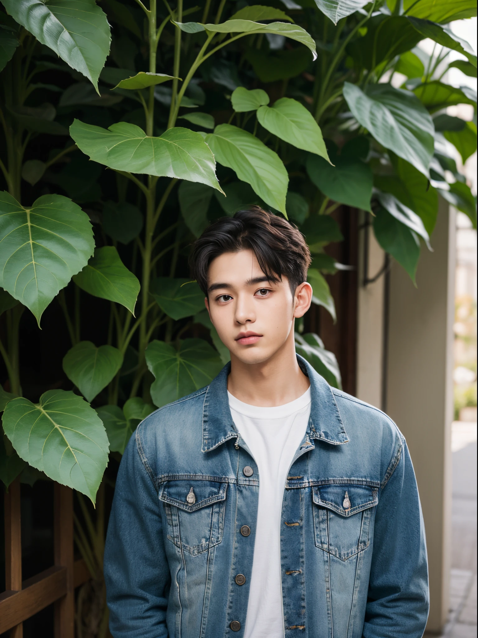 male, 20 year old boy, black eyes, slick back, denim jacket, half body photo, head facing the camera, jungle, sunflower