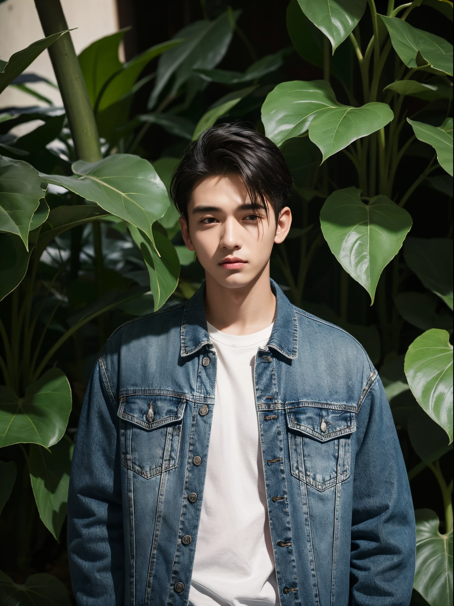 male, 20 year old boy, black eyes, slick back, denim jacket, half body photo, head facing the camera, jungle, sunflower
