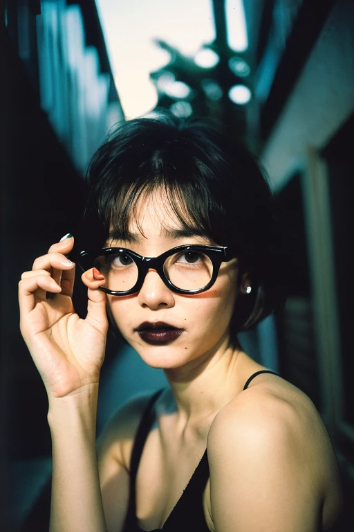 32 year old full body instant polaroid (slim:1.1) Beautiful (Japanese :1.5) Woman, Blonde, Look into the camera, (fish-eye lens:1.3),candid picture, (dimly lit spooky alleyway:1.3), (dark shot:1.7), Photorealsitic, (Film grain:1.4), (masutepiece:1.2), Sharp Image,analog style,award - winning photo, Best Quality,(shot with kodak 400:1.3), sharp,Skin pores, (sunkissed freckles on face:0.6), a picture:Terry Richardson, (shot on Fujifilm X-T4:1.2), angular jawline, high cheekbones, large dull hazel eyes, short braided hair, ( film imperfections:1.2)、Black-rimmed glasses、Short Bob、keep two fingers at face level