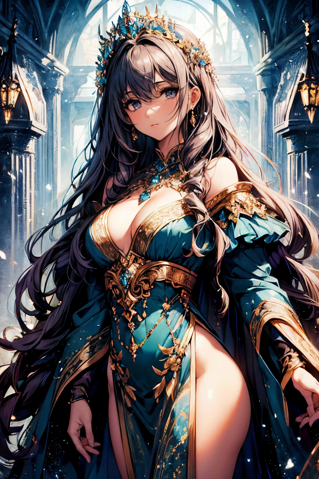 (Best quality at best, 4K, 8K, A high resolution, tmasterpiece:1.2), ultra - detailed, Noble maiden, exquisite facial features，Detailed expression of blue long curly hair, beautiful postures, Fantastical Atmosphere, expressive brush strokes, mystical ambiance, Artistic interpretation,Delicate curls，Detailed floral jewelry, Crystal diamond jewelry，Small fresh aesthetics，Stunning intricate costumes, Fantasy illustration, Subtle colors and tones, The details have been upgraded