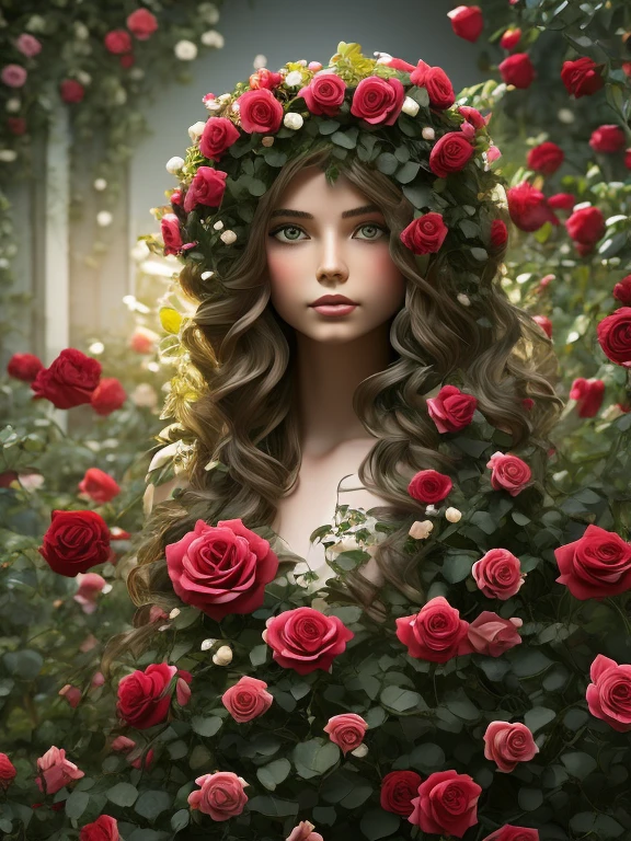 Plant-girl, rose-girl, Bush-Girl, Blooming rose bushes intertwine in a bizarre way and form a girl, the girl's face consists of rose flowers, the girl consists of rose bushes, rose bushes form a silhouette of a man, digital arts, surrealism high detail