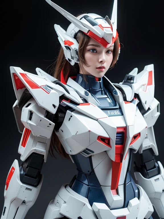 Textured skin, Super Detail, high details, High quality, Best Quality, hight resolution, 1080p, Gorgeous beauty,Girl with Beautiful Mecha Body,(Gundam) ,Girl with robot body,She wears a futuristic Gundam mecha,low angles,Fulll body Shot