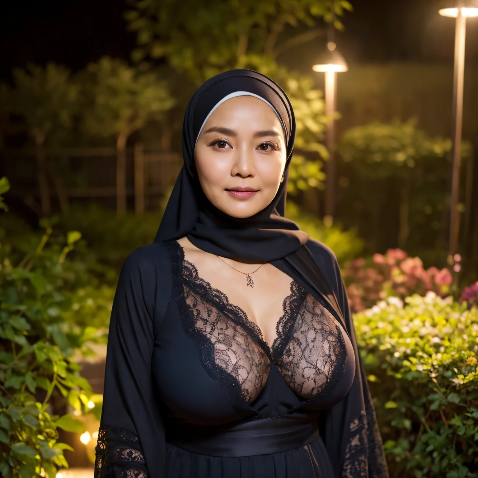 55 Years old, Indonesian mature woman, wearing Wide Hijab, perfect curvy body, natural Huge breast : 48.9, gorgeous eyes, Soft smile, wear a Lace Gamis, necklace, hairband, Nightime walk, City garden, Excellent lighting, Dark colors, Clean lines.