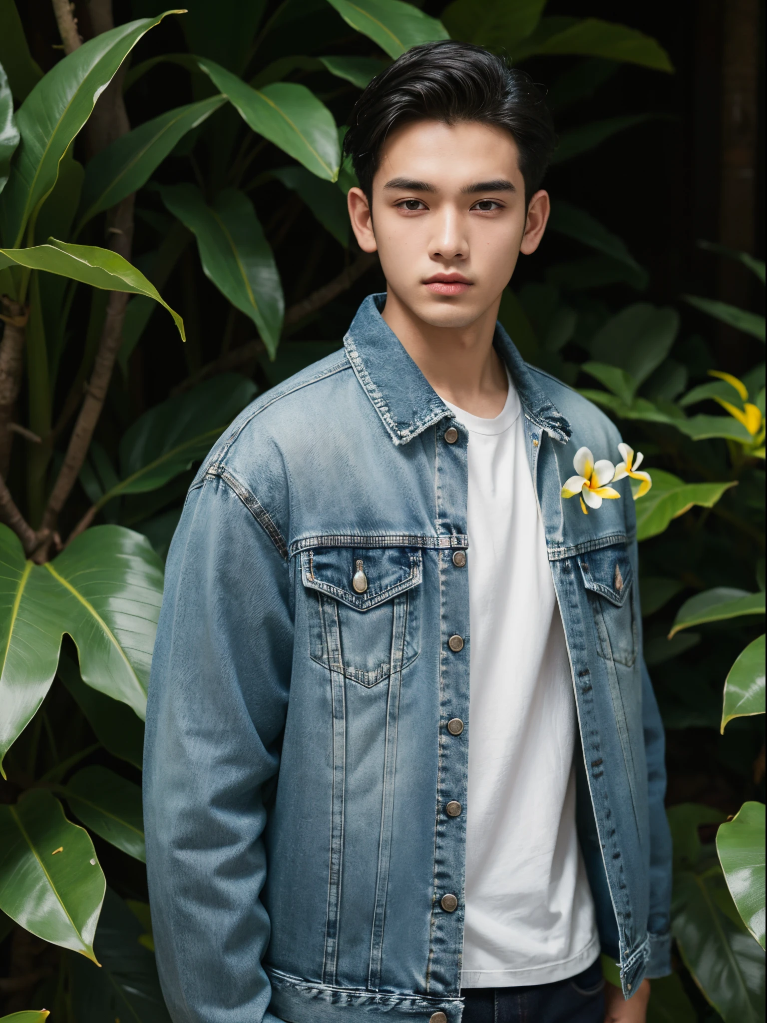 male, 20 year old boy, black eyes, slick back, denim jacket, half body photo, head facing the camera, frangipani flower, jungle