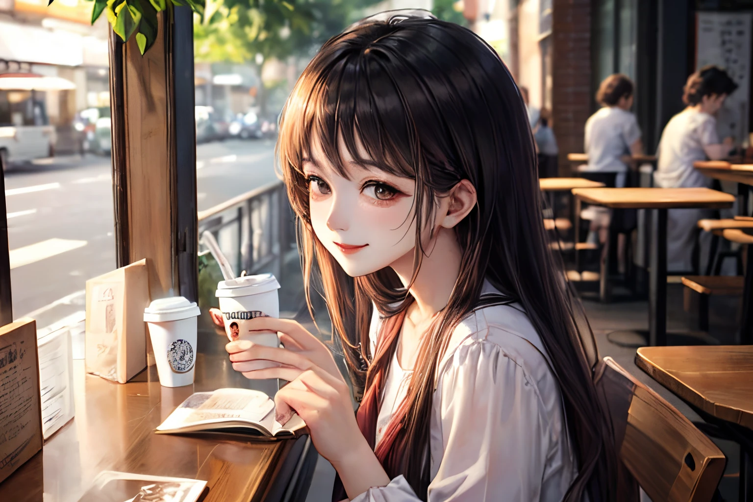 fluffy hair,Brown hair,(downside twin tails),((Braided shorthair)),Slightly red tide,((Brown eyes)),(A coffee shop with a Showa retro atmosphere),((siphon or coffee cup)),(A counter with a warm and modern atmosphere),((Meiji period～Showa era waitress)),(maid clothes),(White headdress),((Sit in a chair and read a book)),Staring at me,(Pin Heel Shoes),Smile with a kind face,((close up)),(((close up of face))),