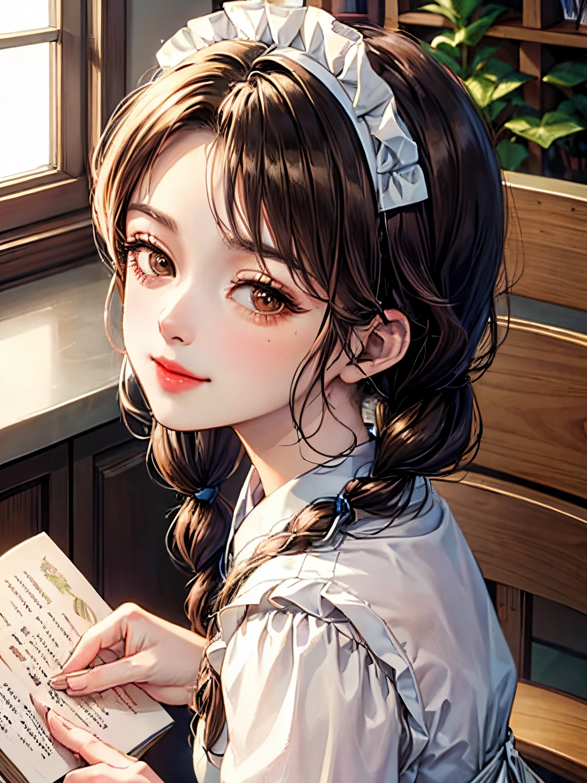 fluffy hair,Brown hair,(downside twin tails),((Braided shorthair)),Slightly red tide,((Brown eyes)),(A coffee shop with a Showa retro atmosphere),((siphon or coffee cup)),(A counter with a warm and modern atmosphere),((Meiji period～Showa era waitress)),(maid clothes),(White headdress),((Sit in a chair and read a book)),Staring at me,(Pin Heel Shoes),Smile with a kind face,((close up)),(((close up of face))),