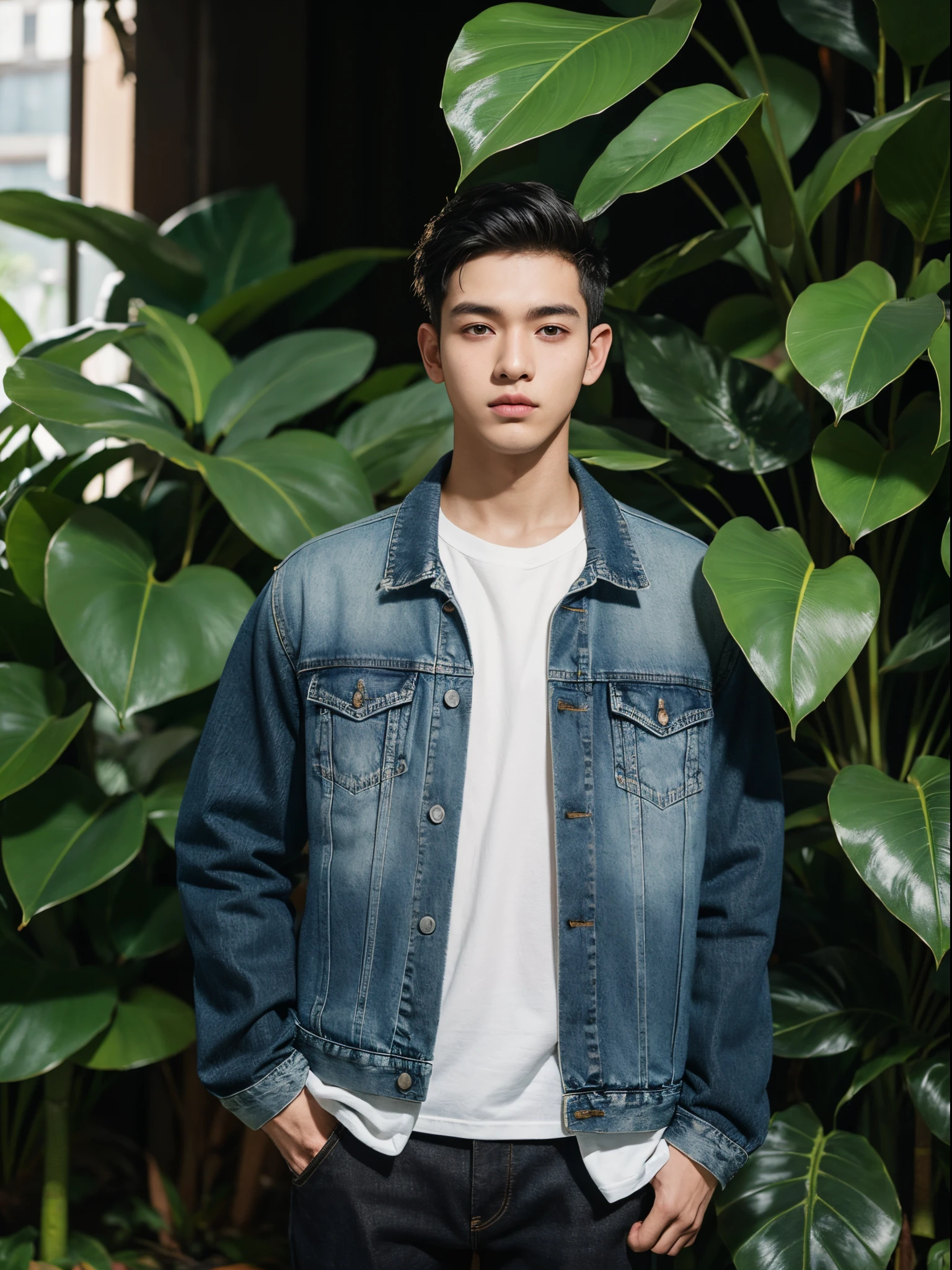 male, 20 year old boy, black eyes, slick back, denim jacket, half body photo, head facing the camera, frangipani flower, jungle