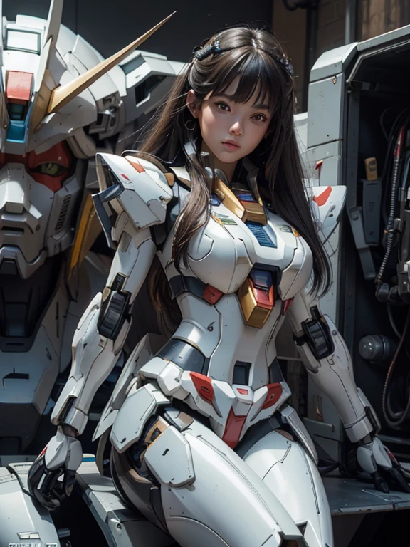 Textured skin, Super Detail, high details, High quality, Best Quality, hight resolution, 1080p, Gorgeous beauty,Girl with Beautiful Mecha Body,(Gundam) ,Girl with robot body,She wears a futuristic Gundam mecha,low angles,Fulll body Shot