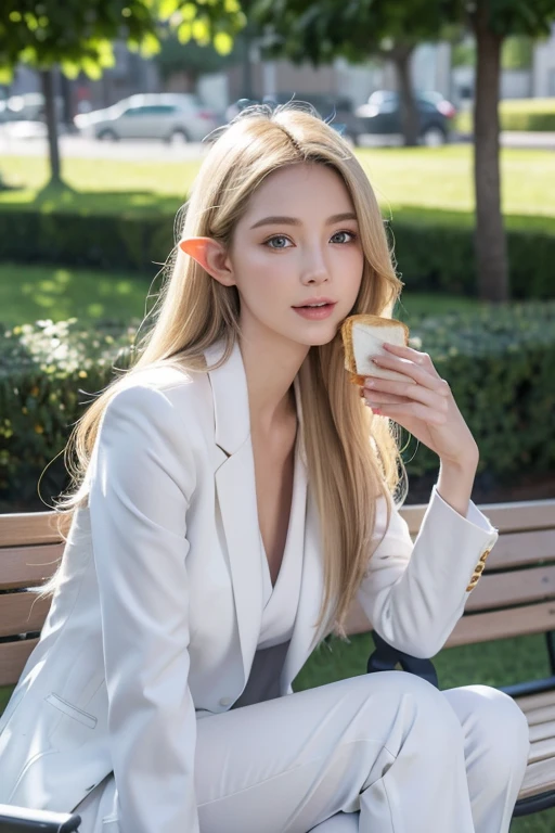 Beautiful elven woman with elongated ears, eating sandwich, big breasts, slender figure, slanted blue eyes, semi-long blonde hair, business suit, white shirt, grey trousers, sitting on bright park bench,, resting, happy expression, only one person, full body portrait, full body photo, ultra realistic, Realistic capture, high detail, high resolution 16K human skin close-up Skin texture must be natural, pores so detailed that they can be finely identified, Mix4, 20d, SOLO, full body, look-at viewer, (8K, RAW capture, finest 1), (Real Photo 2) Real Photo Realistic: 1.37), professional lighting, photon mapping, radiosity, physics-based rendering.