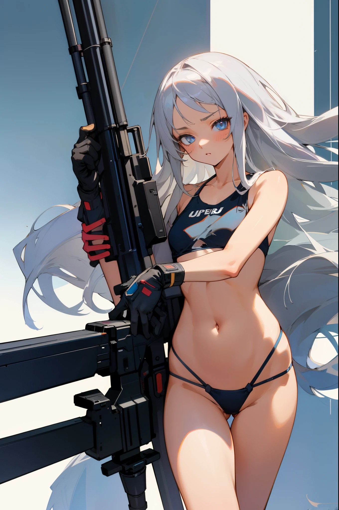 beautiful, perfect eyes, perfect face, perfect lighting, 1girl, loli, long silver hair, one piece bikini, flat chest, wide hips, holding giant sniper rifle, cyberpunk background (masterpiece:1.3) ultra detailed illustration, (masterpiece:1.2), (best quality:1.2), UHD, UHD, UHD, UHD, UHD, ccurate, textured skin, high details, award winning, highres, anatomically correct