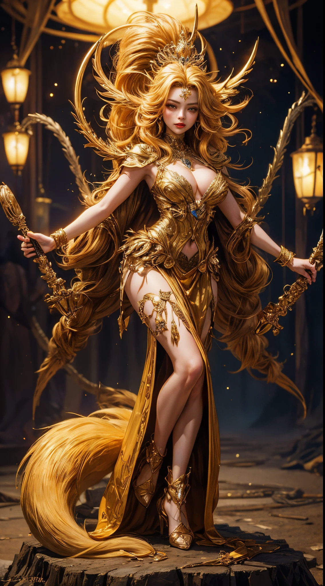 Golden Nine-Tail-Fox-Girl, (bright golden hair), ((big hair)), double eyelid, perfect figure, lovely face, perfect skin, golden eyes, Princess of Spirits, The Golden Age, (casting a spell:1.2)