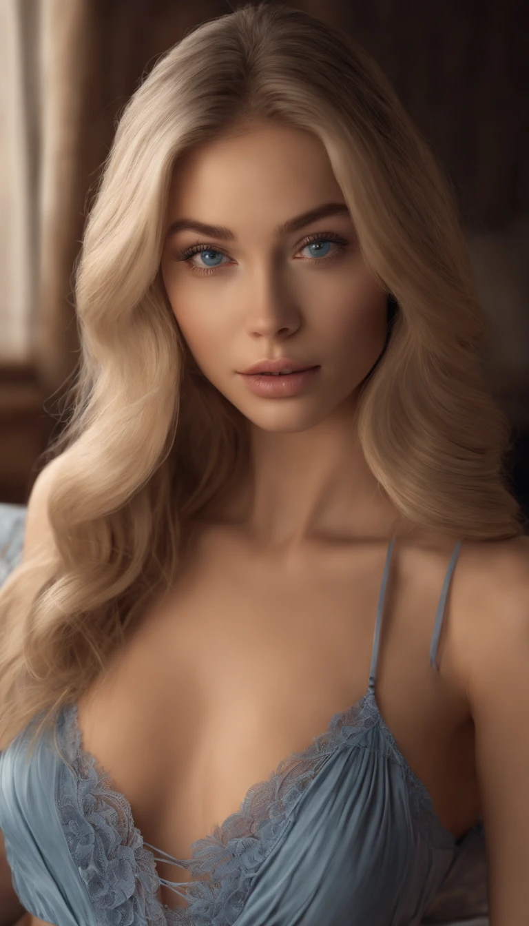 arafed woman fully , sexy girl with blue eyes, ultra realistic, meticulously detailed, portrait sophie mudd, blonde hair and large eyes, selfie of a young woman, bedroom eyes, violet myers, without makeup, natural makeup, looking directly at the camera, face with artgram, subtle makeup, stunning full body shot kneeling on bed, in bedroom, medium to large size bust, woman in bikini