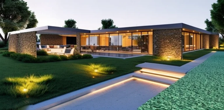 best quality)) ((super realistic)) garden photo, stones on grass, path, The wedding restaurant has a large yard with sparkling lights