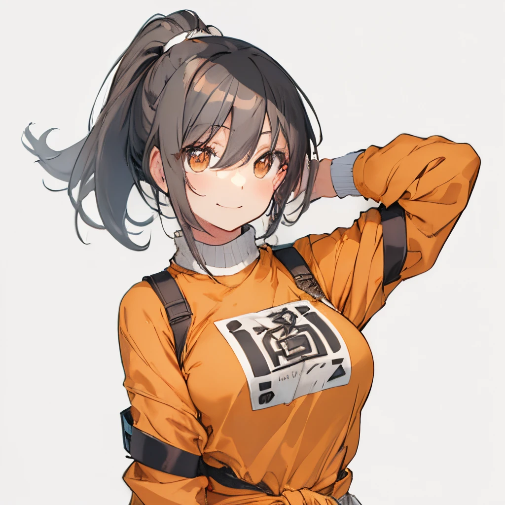 【Highest Quality, masutepiece】 [girl, Manteau, expressioness,deep orange eyes, front facing,dark brown hair,long ponytail hair,yellow knit cloth, Happy, Upper body] (Gray white background:1.2),very happy smile,boobs,