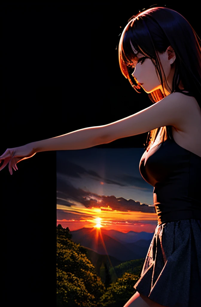 masutepiece, Best Quality, 超A high resolution, Beautiful, visually stunning, Elegant, incredible details,    w0rld, 1girl in, (Black background:1.2), Simple background, Dynamic Pose, Sunset, forest, Trees, Scenery,