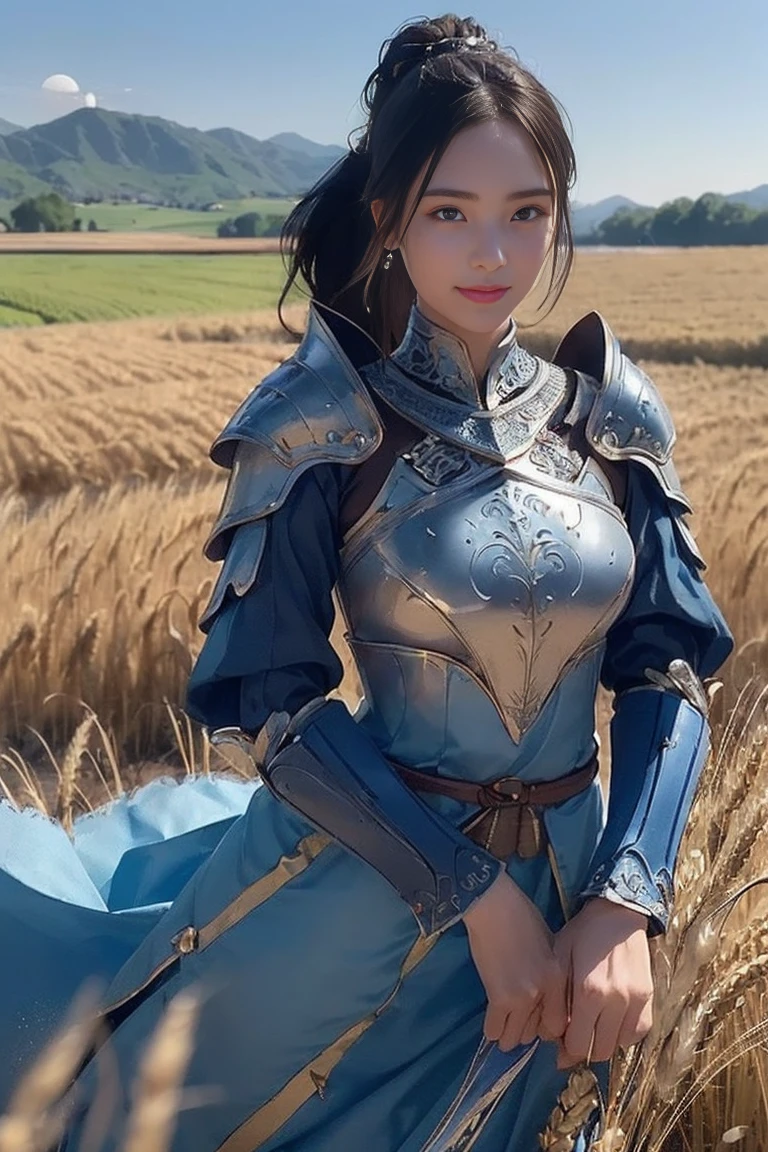 yurayura_yuuura,A beautiful woman, (((1 girl, solo, running, (wheat field), turning around, blue eyes, long blue dress, middle ages, medieval outfit, long sleeves sunset, light from behind, shadow on the figure, smile, laughter, (blue sky), against the background of wheat, standing in the distance, looking at the viewer, full-length
, elegance under the sun, movement motion, image look alive))), ((perfect body figure, beautiful face, beautiful face, milf, age 46, royal, blazing black color hair, ponytail hair style, beautiful skin, Extremely details hair, fine details)), (((cinematic lighting, beautiful lighting effect, creative design, full body frame, divine aura, hard harmony , shining light, perfect color transition, perfect balance of contrast, perfect color layer, perfectly smooth color blur, soft rendering, smooth color stroke, moon glare, optic lens, moonlight ray, soft colors, smooth colors blend, perfect color rendering, harmony, perfect color harmony, beautiful color, soft harmony, light particles, perfect details, intricate details, color prism, fine details, refine details, intricate armor details, fine armor, smooth clothes texture))), Tachibana Omina art style, affectionate eyes, half a smile, slightly open mouth, a gentle expression on his face, serene scenery of grassland under the sun, grass floating around, calm, breeze and sunlight in the background, butterflies in the sky, realism, ((Best quality))),8k,((Masterpiece)),(Extremely refined and beautiful)