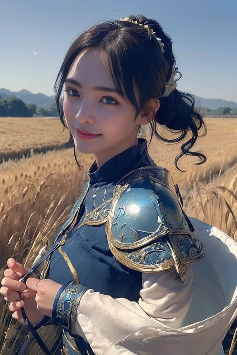 yurayura_yuuura,A beautiful woman, (((1 girl, solo, running, (wheat field), turning around, blue eyes, long blue dress, middle ages, medieval outfit, long sleeves sunset, light from behind, shadow on the figure, smile, laughter, (blue sky), against the background of wheat, standing in the distance, looking at the viewer, full-length
, elegance under the sun, movement motion, image look alive))), ((perfect body figure, beautiful face, beautiful face, milf, age 46, royal, blazing black color hair, ponytail hair style, beautiful skin, Extremely details hair, fine details)), (((cinematic lighting, beautiful lighting effect, creative design, full body frame, divine aura, hard harmony , shining light, perfect color transition, perfect balance of contrast, perfect color layer, perfectly smooth color blur, soft rendering, smooth color stroke, moon glare, optic lens, moonlight ray, soft colors, smooth colors blend, perfect color rendering, harmony, perfect color harmony, beautiful color, soft harmony, light particles, perfect details, intricate details, color prism, fine details, refine details, intricate armor details, fine armor, smooth clothes texture))), Tachibana Omina art style, affectionate eyes, half a smile, slightly open mouth, a gentle expression on his face, serene scenery of grassland under the sun, grass floating around, calm, breeze and sunlight in the background, butterflies in the sky, realism, ((Best quality))),8k,((Masterpiece)),(Extremely refined and beautiful)