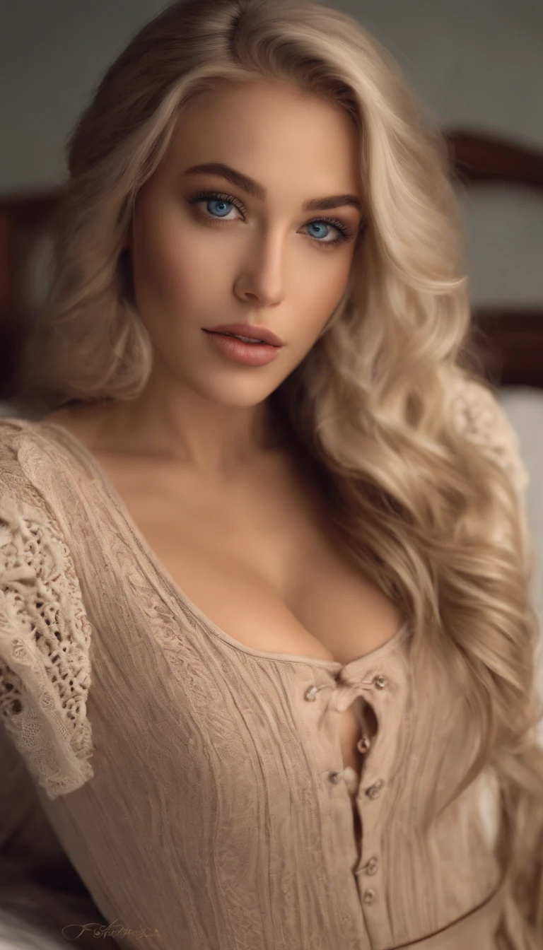 arafed woman fully , sexy girl with blue eyes, ultra realistic, meticulously detailed, portrait sophie mudd, blonde hair and large eyes, selfie of a young woman, bedroom eyes, violet myers, without makeup, natural makeup, looking directly at the camera, face with artgram, subtle makeup, stunning full body shot kneeling on bed, in bedroom, medium to large size bust, woman in cosplay
