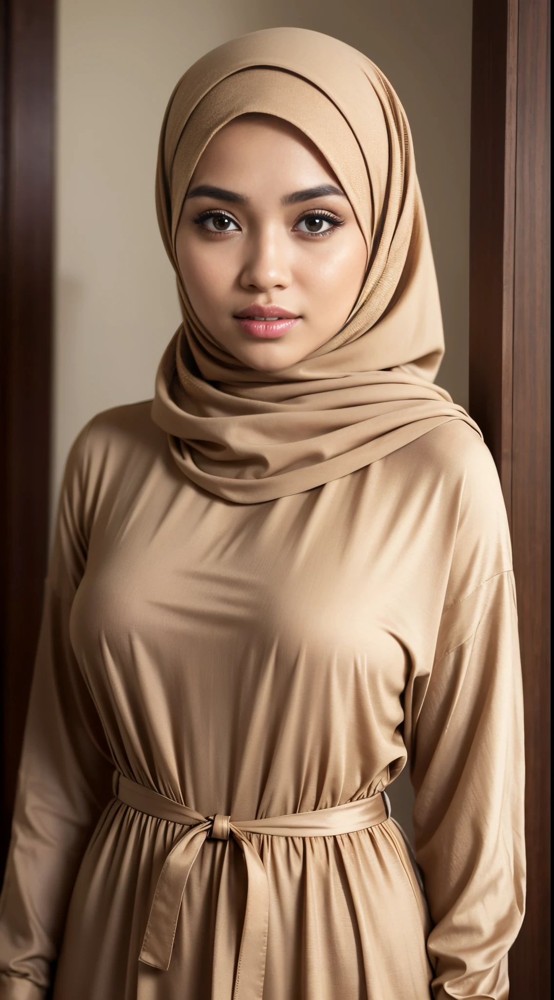 RAW, Best quality, high resolution, masterpiece: 1.3), beautiful Malay woman on hijab (iu:0.8), perfect nose,perfect lips, perfect eyes, detail :1.2),full body image detail, watery eyes, RAW, Best quality, high resolution, masterpiece: 1.3),big breast, perfect nose,perfect lips, perfect eyes, detail :1.2), soft smile,full body, a close up of a woman wearing a tan dress and a hijab, brown shirt, frill, hijab, brown clothes, fancy top, wearing a brown, wearing a long flowy fabric, brown color, ocher details, very sharp details, outstanding detail, beige, modest flowing gown, beautiful design, taupe
