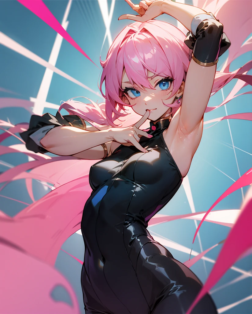 Pink hair girl with yellow eyes, smiling shyly, with a very sexy black bunny suit, very big breasts and big butt, white and thin, The suit has transparent tights that show off her skin from her legs to her beautiful ass., She makes a pose where she takes off her shirt and shows her black bra where her big breasts are and her waist shows her white thong
