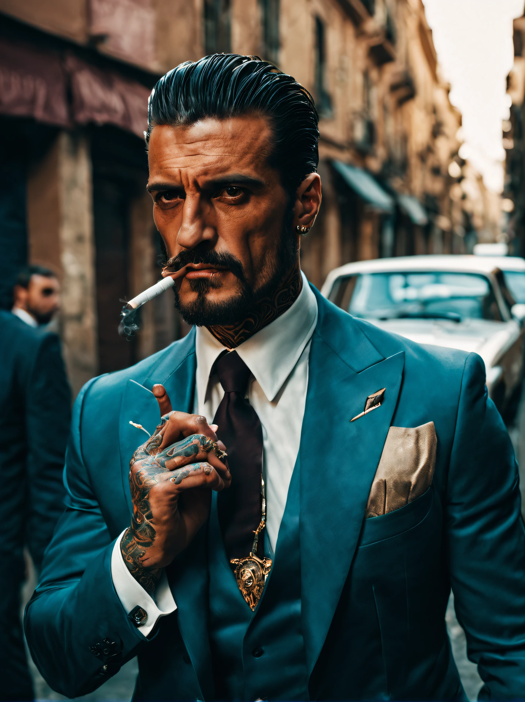 create an image of a handsome Italian mafia, tough, macho, brutal, violent, fierce, intimidating, dressed in luxury suit, tattoos, smoking a cigarette. standing in the middle of a street. 80's movie style, vintage color film.