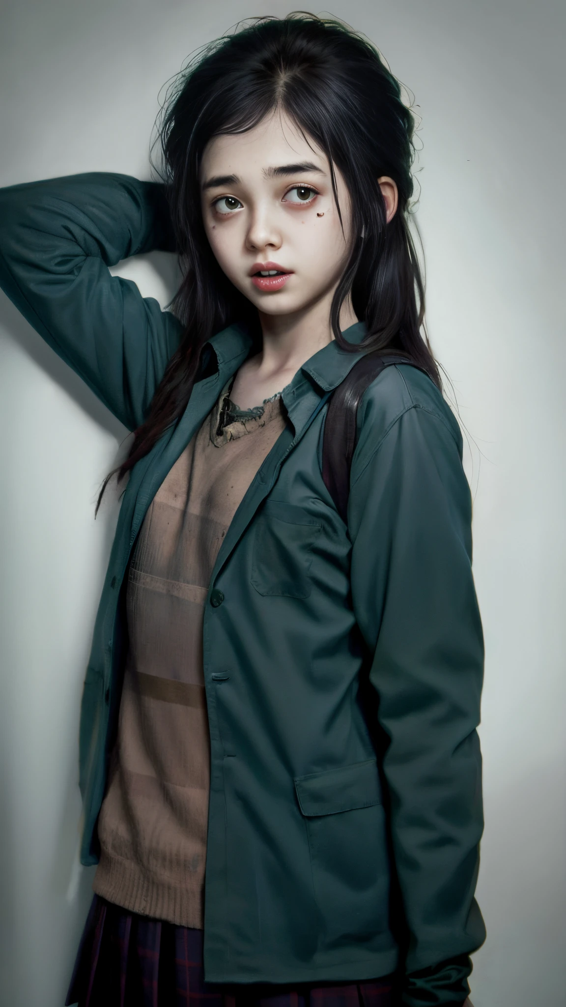 -teen, Japanese ol uniform, man raping zombie girl, sexual pose, photorealistic