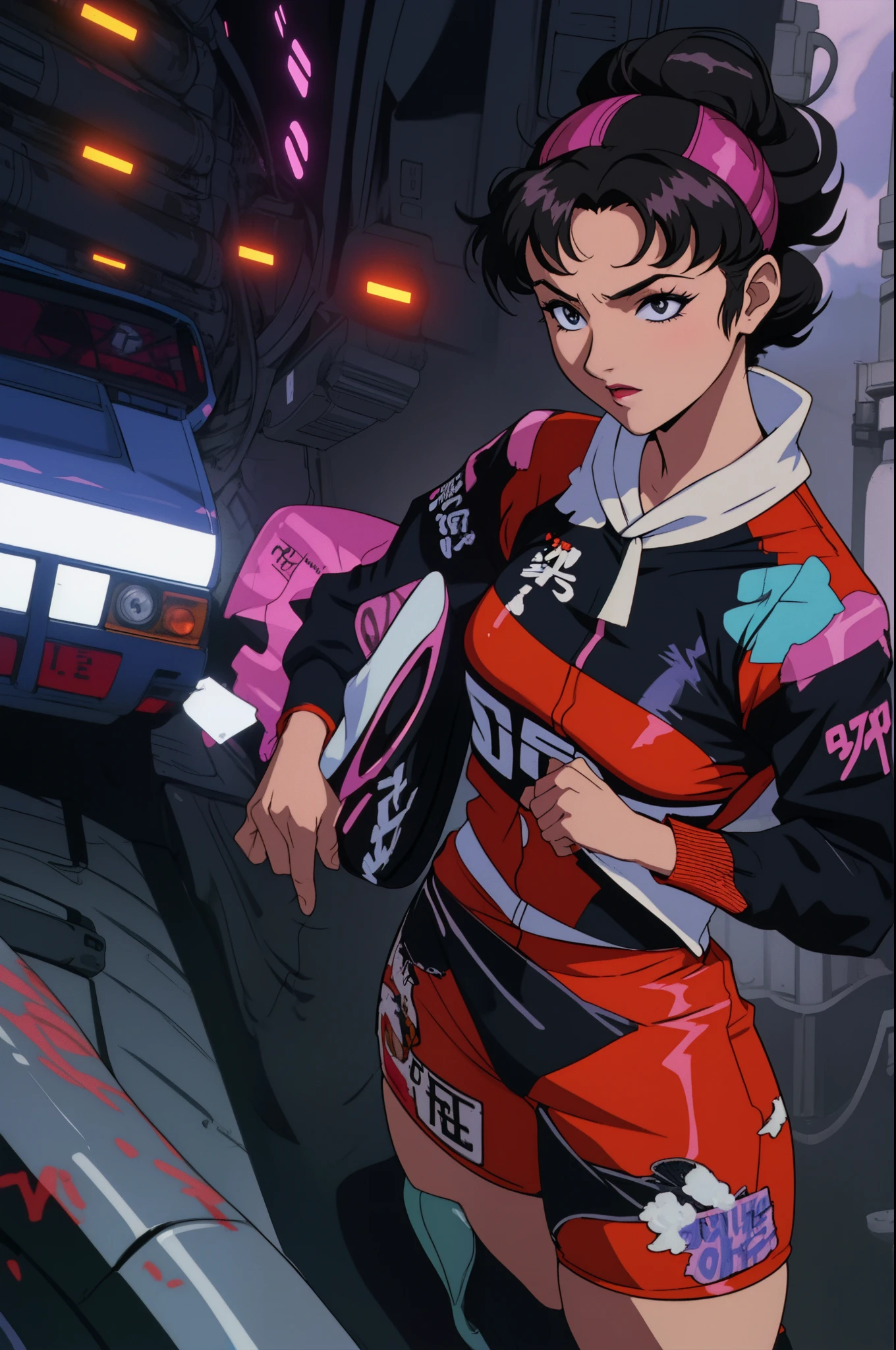 A anime  80s citypop JDM glitchcore scene with a underground tokyo drift female racer ontop bonnet of a  Toyota Sprinter Trueno.  her very own racing car tire smoke drift marks evangelion anime style