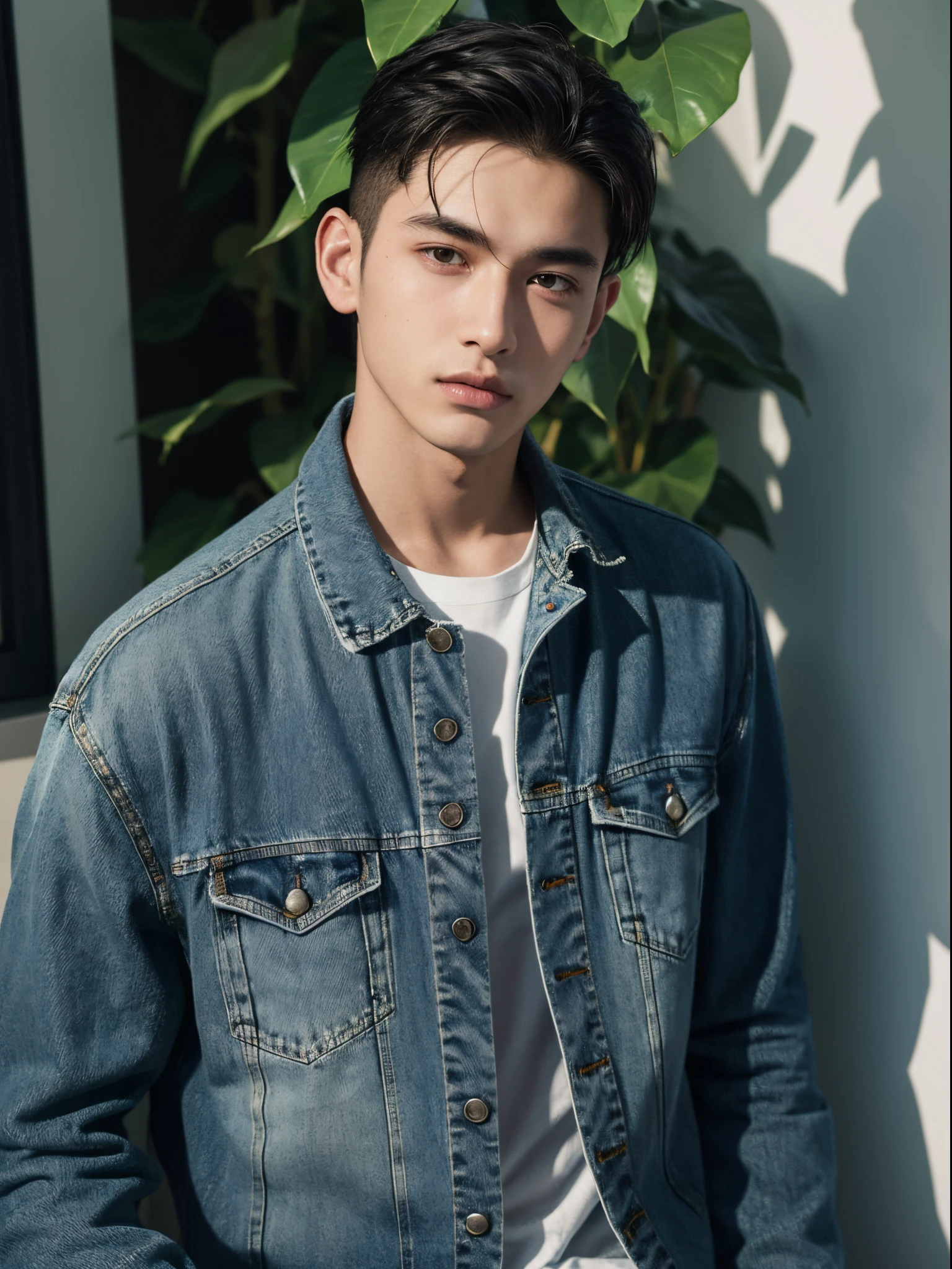 male, 20 year old boy, black eyes, slick back, denim jacket, half body photo, head facing the camera, room, (blue bougainville) jungle