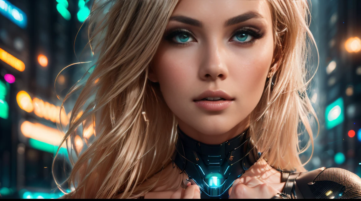 gorgeous woman with extra-long wavy blonde hair, looking at camera, seductive, (perfect glossy pink lips, bright green eyes, long sexy legs, wearing cyberpunk outfit, (realistic labia, realistic :1.1), ((detailed facial features)), (detailed skin, perfectly detailed proportional hands, perfectly detailed fingers, pale complexion), (full body, standing), (beautiful futuristic cyberpunk city background), best quality masterpiece, photorealistic, hyper realistic, detailed, 8k, HDR, (Soft color: 1.2), shallow depth of field, broad light, high contrast, backlighting, bloom, light sparkles, chromatic aberration, sharp focus, RAW color photo,