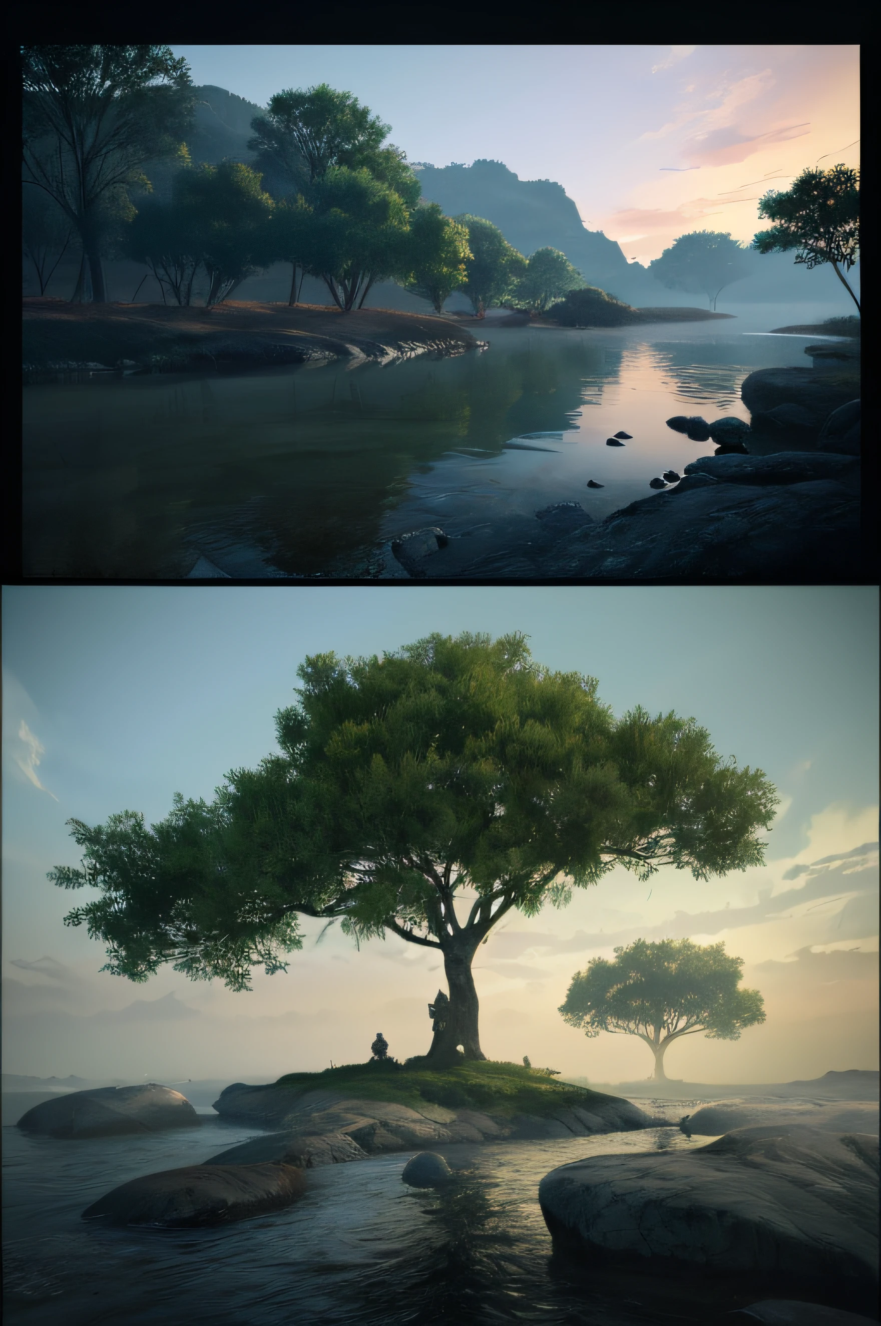 concept-art、No humans、landscapes、Eau、天空、The tree、云、outside of house、建筑、naturey、a river、The dim