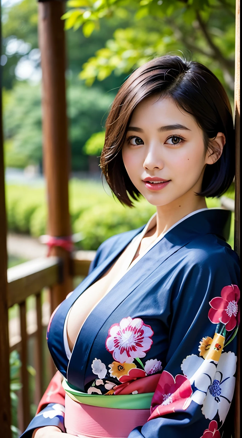 Best-quality, Masterpiece, Ultra-High-Resolution, (Photorealistic:1.4), Raw-Photo, Extremely-Details, Perfect-Anatomy, 1girl, the most popular Japanese actress, upturned ass, (wearing Japanese colorful KIMONO), looking at viewer, beautiful smile, extremely beautiful face like a most famous Japanese actress, extremely beautiful big black solid circle eyes, (extremely beautiful black short-cut-haired), extremely beautiful lips, extremely beautiful white skins, extremely beautiful big breasts, detailed Japanese colorful KIMONO