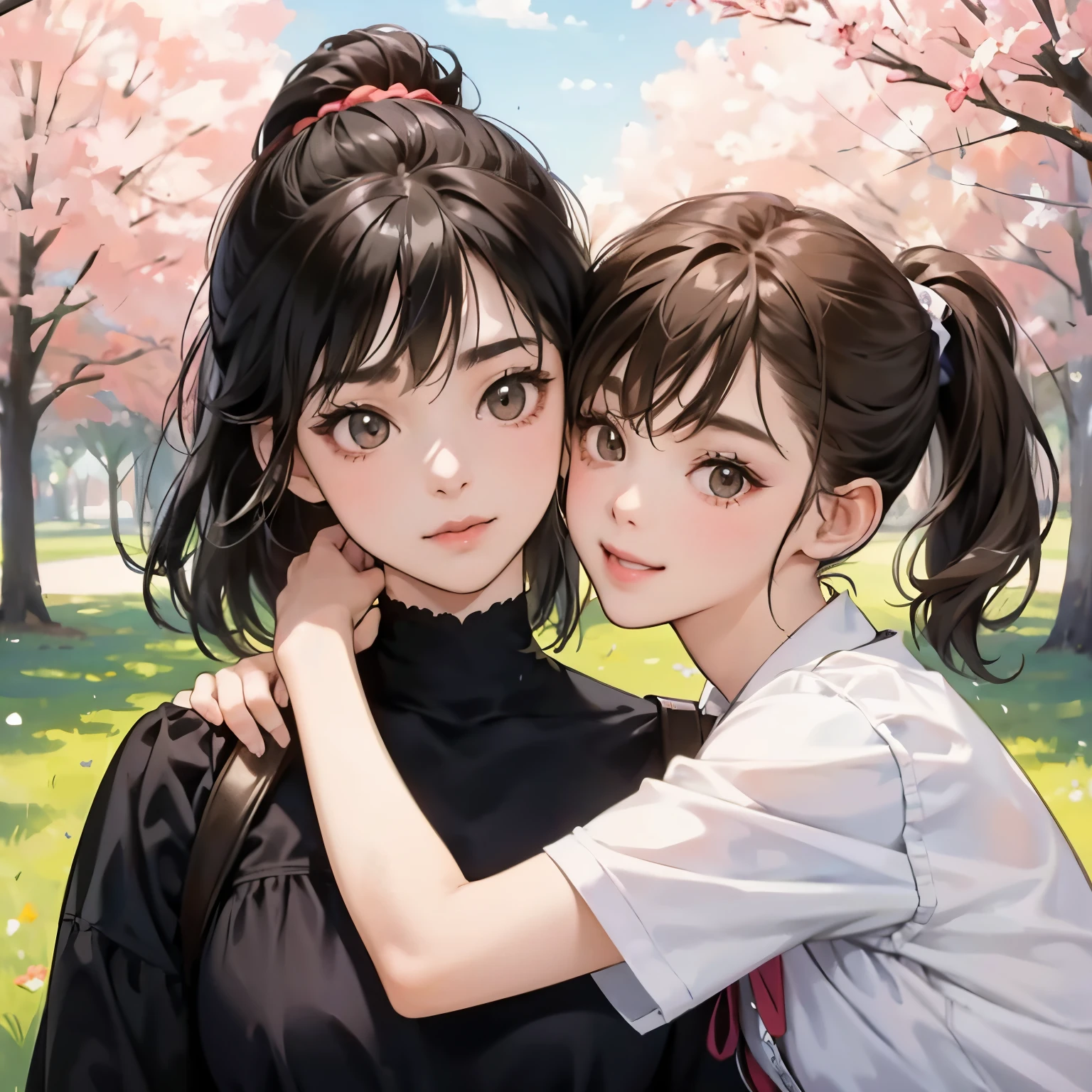Very cute sisters are hugging and kissing happily,Very cute,playfully kiss me,Looks fun,My sister has black hair in a ponytail and looks surprised..,My sister has short brown bob hair.、kissing my sister on the cheek。.,a junior high school student,Accurately drawn face,my sister is tall and slender,My sister is big,tre anatomically correct,Accurate depiction finger,In the park,photorealisim,masterpiece,hiquality,