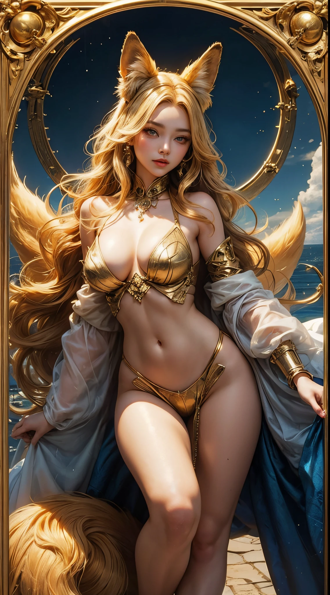 Golden Nine-Tail-Fox-Girl, (bright golden hair), ((big hair)), double eyelid, perfect figure, lovely face, perfect skin, golden eyes, Princess of Spirits, The Golden Age, (Sexy Clothing)