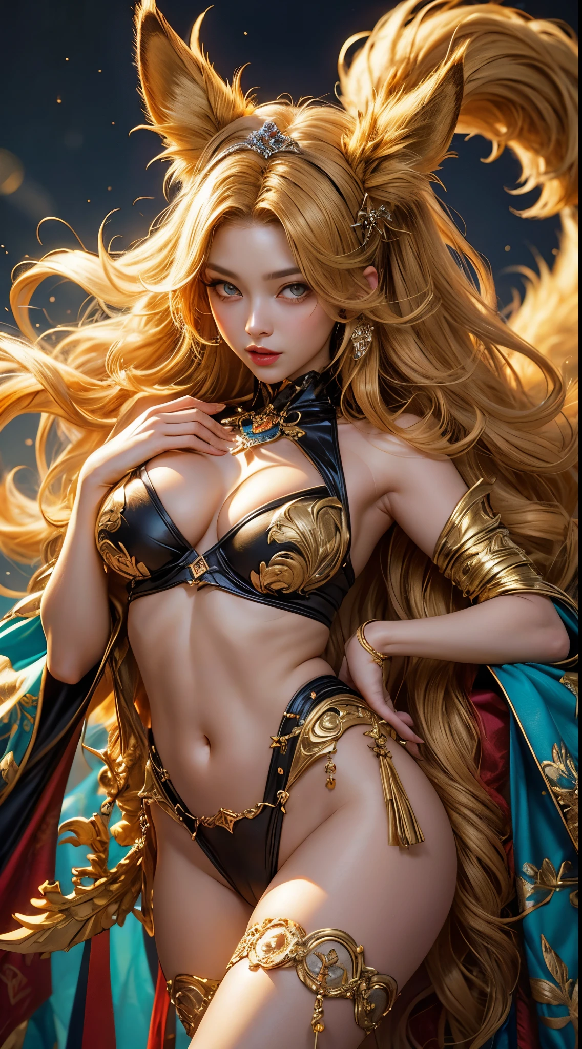 Golden Nine-Tail-Fox-Girl, (bright golden hair), ((big hair)), double eyelid, perfect figure, lovely face, perfect skin, golden eyes, Princess of Spirits, The Golden Age, (Sexy Clothing)