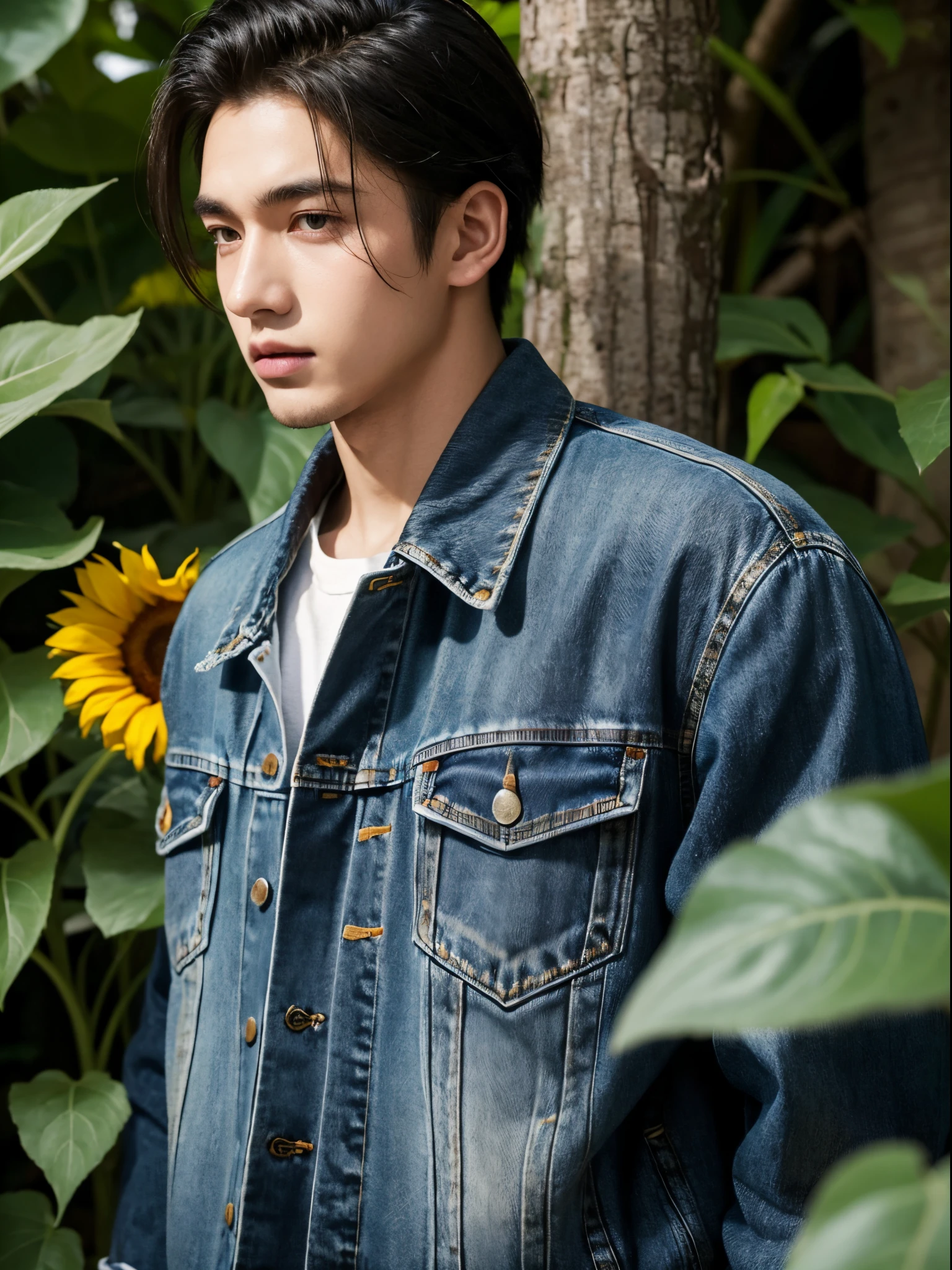 male, 20 year old boy, black eyes, slick back, denim jacket, half body photo, head facing the camera, jungle, sunflower