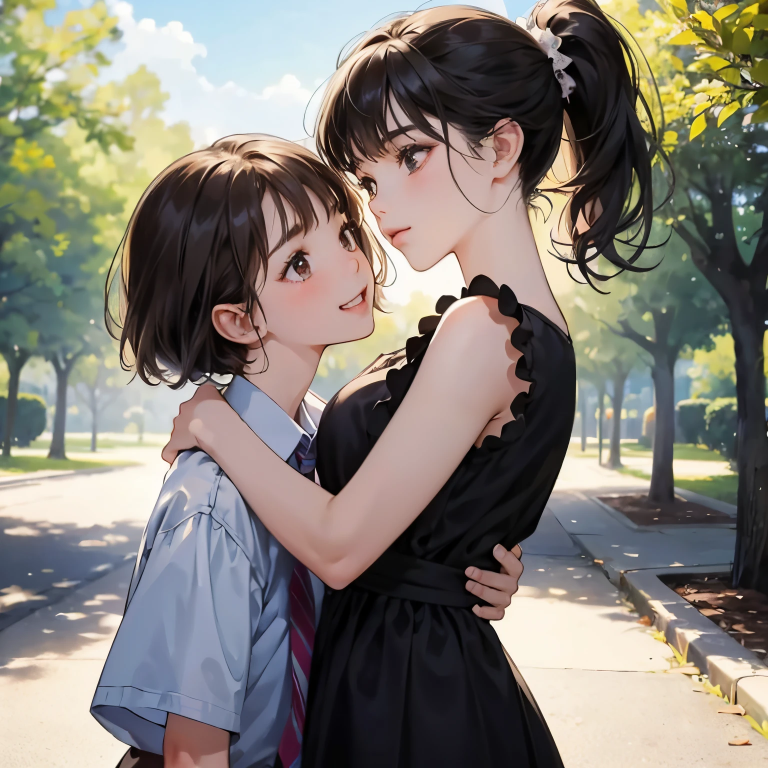 Very cute sisters are hugging and kissing happily,Very cute,playfully kiss me,Looks fun,My sister has black hair in a ponytail and looks surprised..,My sister has short brown bob hair.、kissing my sister on the cheek。.,a junior high school student,Accurately drawn face,my sister is tall and slender,My sister is big,tre anatomically correct,Accurate depiction finger,In the park,photorealisim,​masterpiece,hiquality,