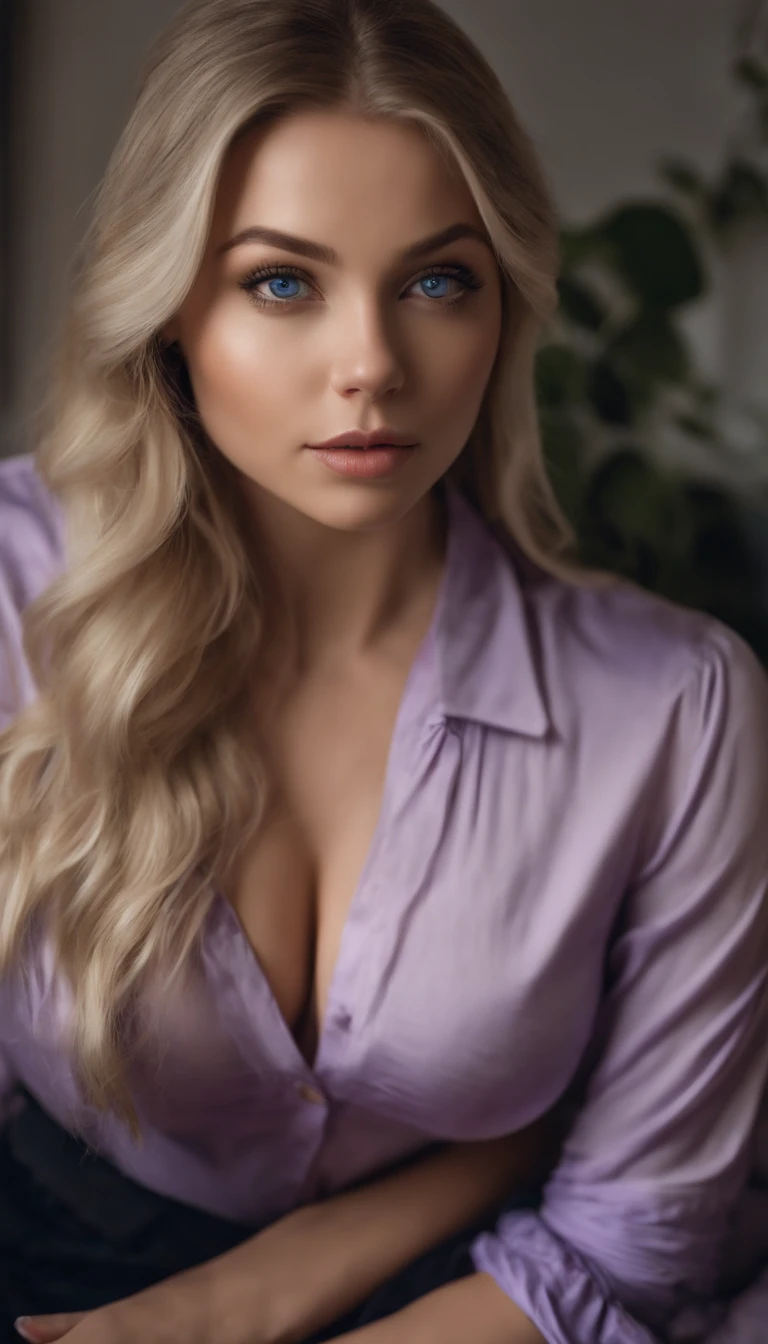 arafed woman fully , sexy girl with blue eyes, ultra realistic, meticulously detailed, portrait sophie mudd, blonde hair and large eyes, selfie of a young woman, bedroom eyes, violet myers, without makeup, natural makeup, looking directly at the camera, face with artgram, subtle makeup, stunning full body shot kneeling on bed, in bedroom, medium to large size bust, woman in sexy cosplay