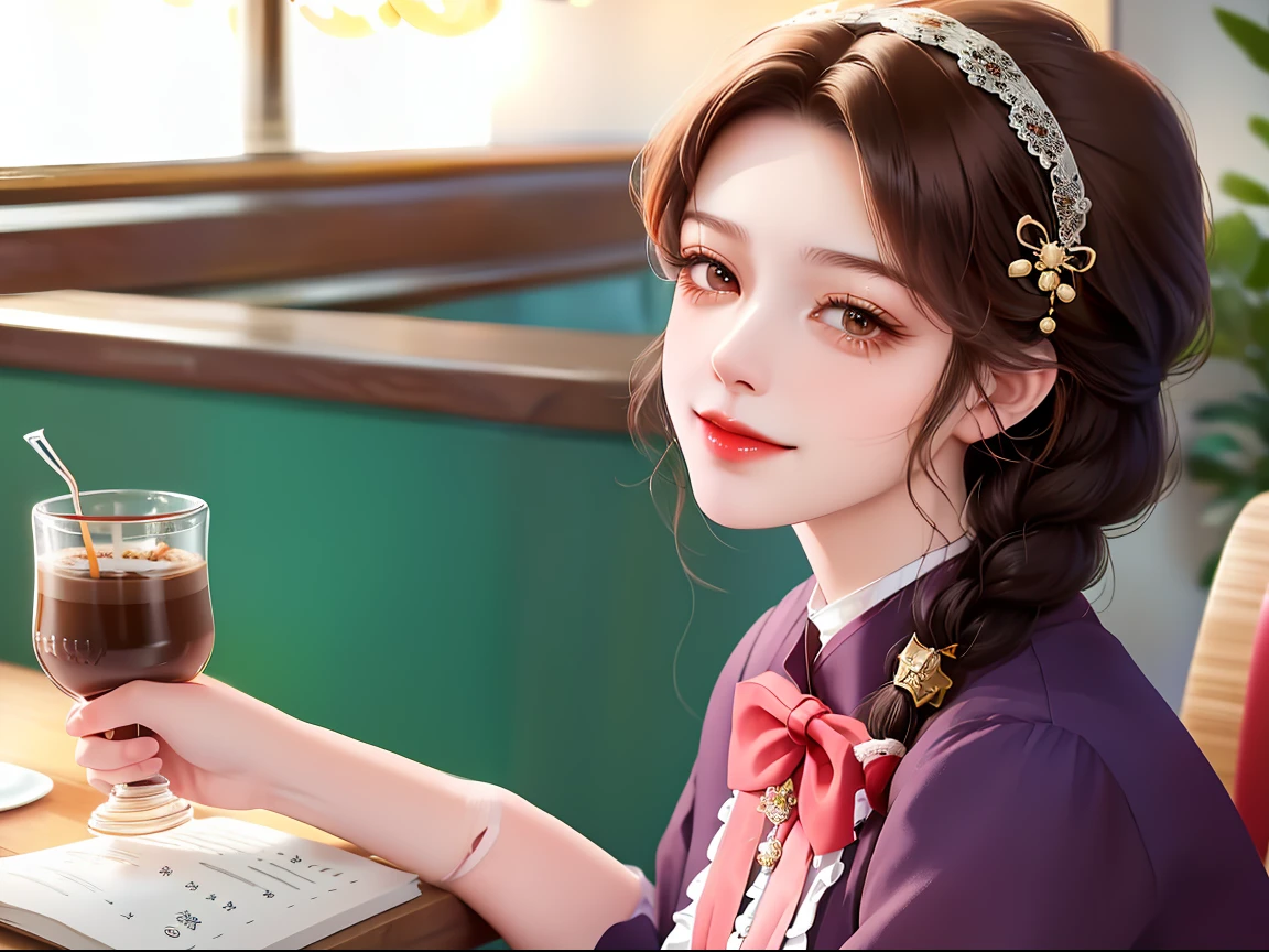 fluffy hair,Brown hair,(downside twin tails),((Braided shorthair)),Slightly red tide,((Brown eyes)),(A coffee shop with a Showa retro atmosphere),((siphon or coffee cup)),(A counter with a warm and modern atmosphere),((Meiji period~Showa era waitress)),(maid clothes),(White headdress),((Sit in a chair and read a book)),Staring at me,(Pin Heel Shoes),Smile with a kind face,((close up)),(((close up of face))),