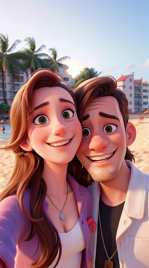 smiling couple taking selfie on beach with buildings in background, happy couple, they are in love, smiling couple, by Nándor Katona, alexandros pyromallis, 🤬 🤮 💕 🎀, photo taken in 2 0 2 0, male and female, on beach, on the beach during sunset, aykut aydogdu, on a beach