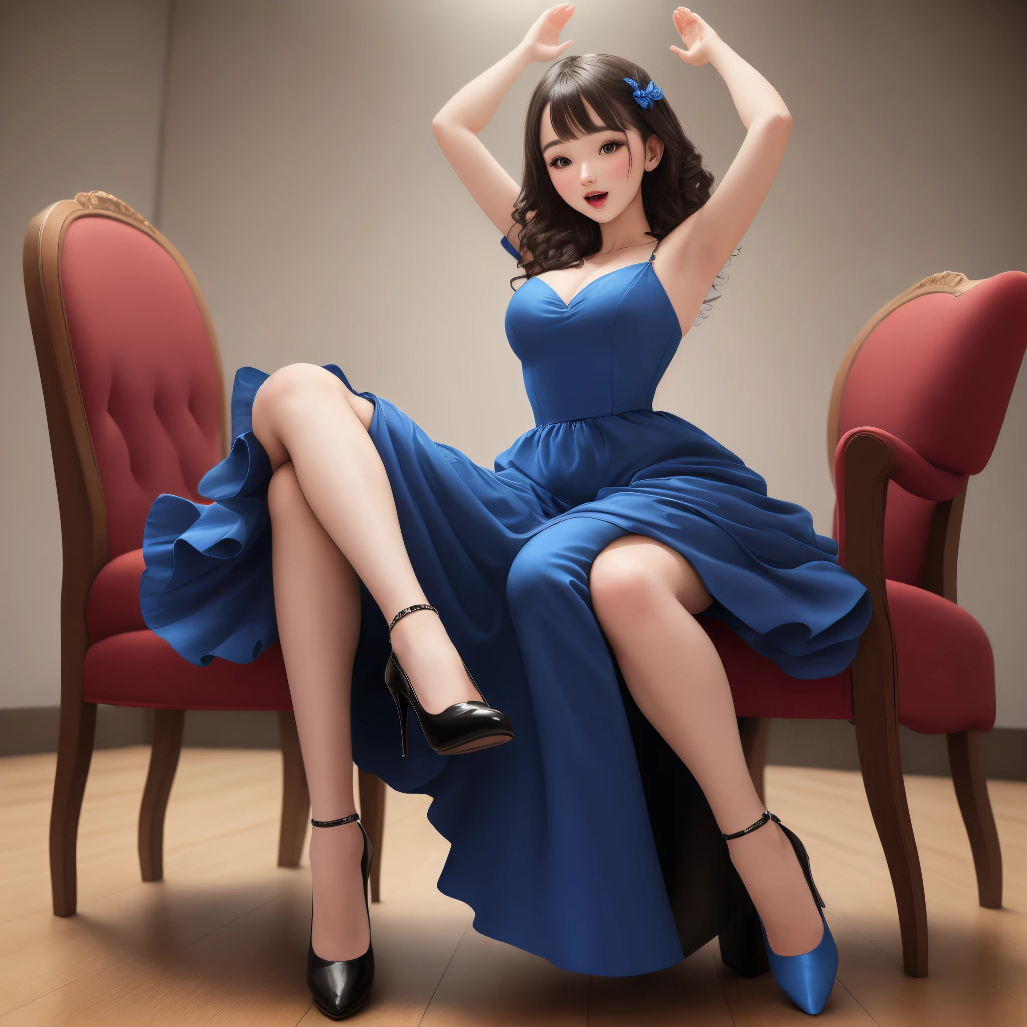 A very beautiful girl in blue dress with high heels sitting on a chair with both arms raised up