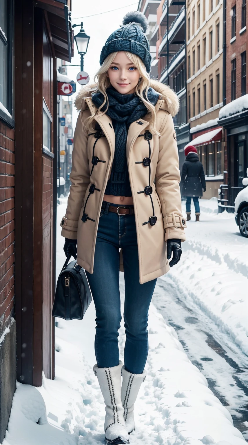 25-year-old Caucasian woman、platinum-blonde、blue eyess、Semi-long、My hair is wavy、a smile、My abs are cracked、a smile、slim muscular body、I don't want my head to disappear from the screen.、Wearing a duffel coat、wearing mitten gloves、I'm in a snowy town、wearing a woolen hat、I'm wearing a muffler、Walking around the city、I'm wearing short boots、I'm wearing hot pants、Upper body naked