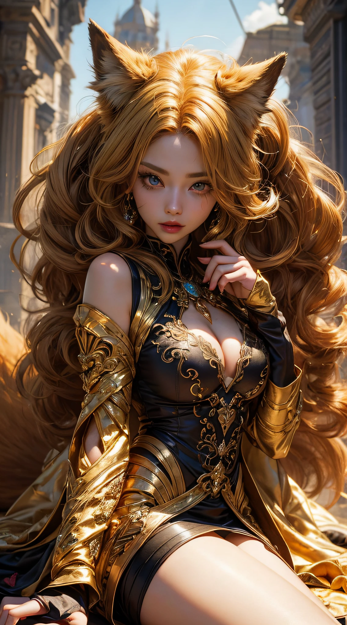 Golden Nine-Tail-Fox-Girl, (bright golden hair), ((big hair)), double eyelid, perfect figure, lovely face, perfect skin, golden eyes, Princess of Spirits, The Golden Age, (Sexy Clothing)