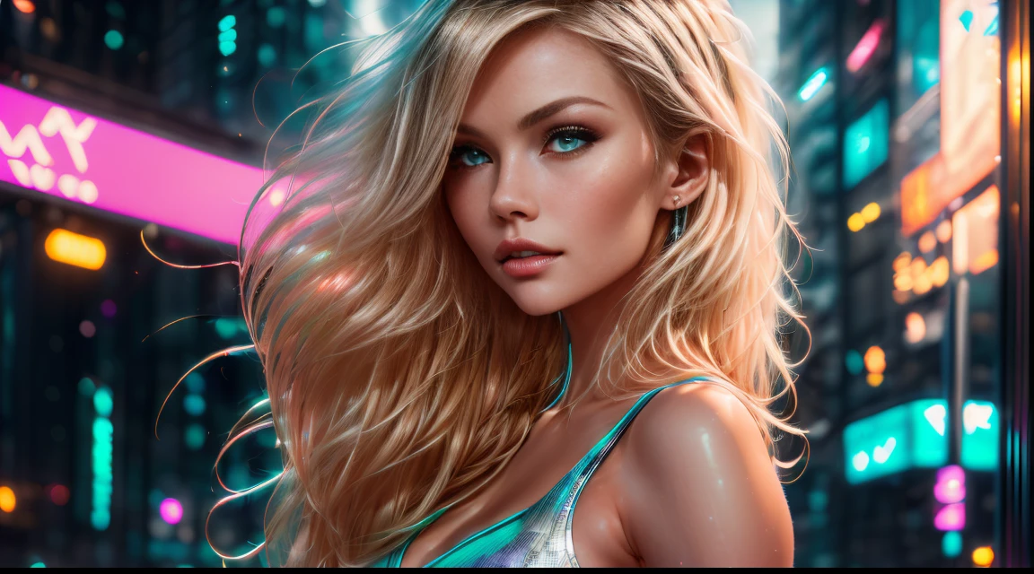 gorgeous woman with extra-long wavy blonde hair, looking at camera, seductive, (perfect glossy pink lips, bright green eyes, long sexy legs, wearing cyberpunk outfit, (realistic labia, realistic :1.1), ((detailed facial features)), (detailed skin, perfectly detailed proportional hands, perfectly detailed fingers, pale complexion), (full body, standing), (beautiful futuristic cyberpunk city background), best quality masterpiece, photorealistic, hyper realistic, detailed, 8k, HDR, (Soft color: 1.2), shallow depth of field, broad light, high contrast, backlighting, bloom, light sparkles, chromatic aberration, sharp focus, RAW color photo,