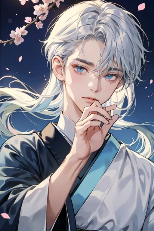Beautiful fingers、Anime Quality、gaze in front、Open the petals in front of your hands、Blue World、up of face、beautiful neutral expression、Male Solo、tears、Petals overflowing from both hands、Blue eyes that shine like jewels、long eyeslashes、blue flowing hair、Short cut and pretty face, Best Quality,ultra high natural light, Shiny skin,Detailed skin,Detailed face,Detailed eyes, Beautiful Japan Boy、