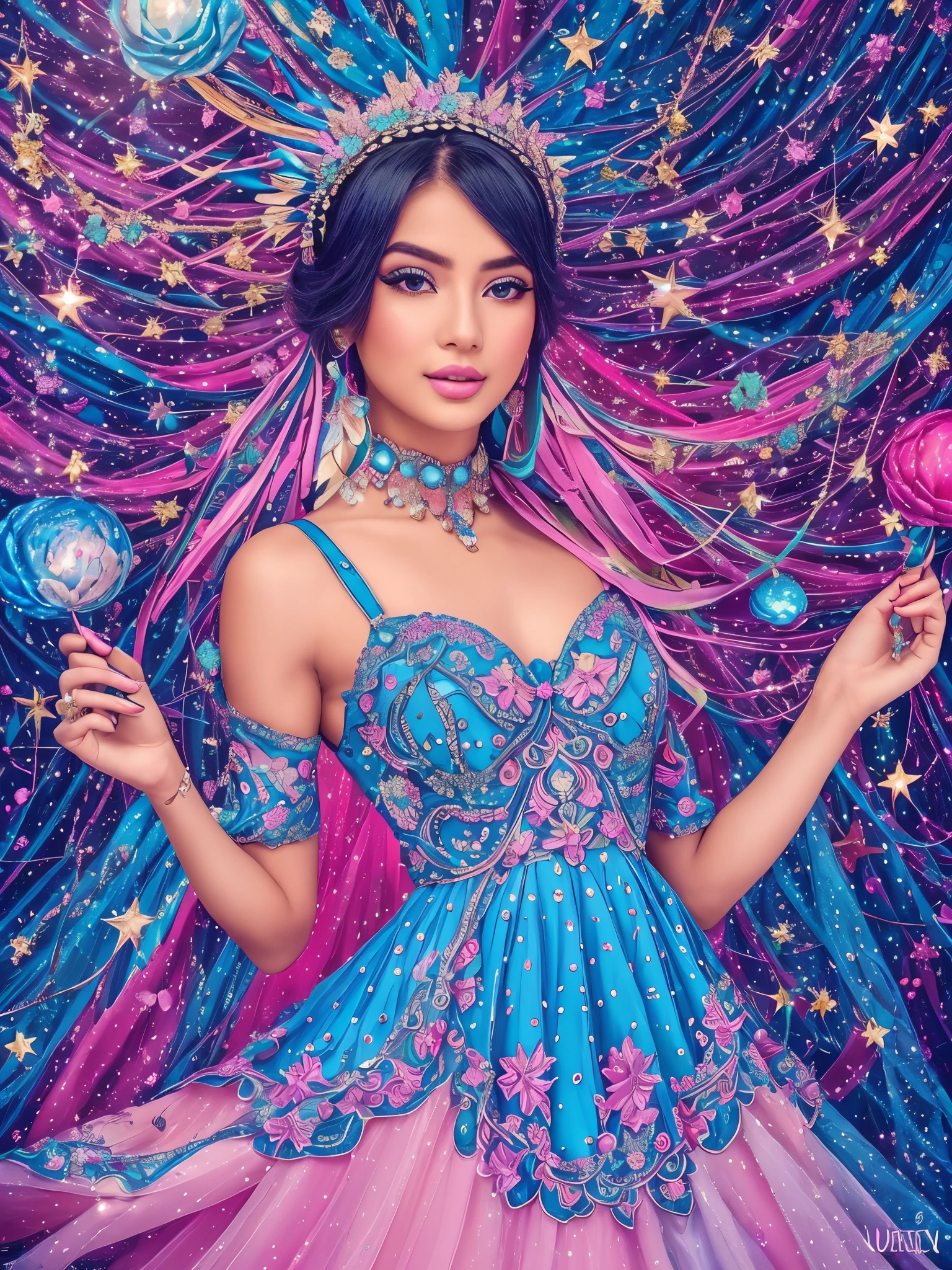 . "In a world filled with colors, she effortlessly stands out like a radiant star. 💫💙 Adorned in a captivating blue dress and a delightful pink headpiece, this beautiful girl is a true embodiment of grace and charm. ❤️"Capturing the essence of pure beauty, this enchanting woman in a breathtaking blue dress and a whimsical pink headpiece is a sight to behold. 💙✨ Mesmerized by her elegance, I can't help but admire the allure of this beautiful girl. ❤️🤩 ureBeauty BlueDreams PinkWhimsy --auto --s2